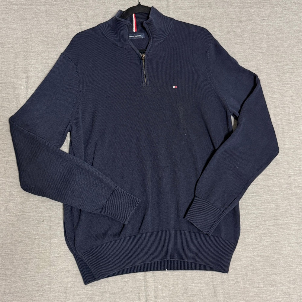 Tommy Hilfiger Mens Navy Blue Quarter Zip Mock Neck Ribbed Knit Sweater Large